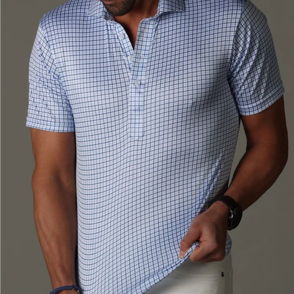 Collars & Co. Semi-Spread Collar Polo Blue Tattersall Size Medium NEW With Tag - Picture 3 of 6
